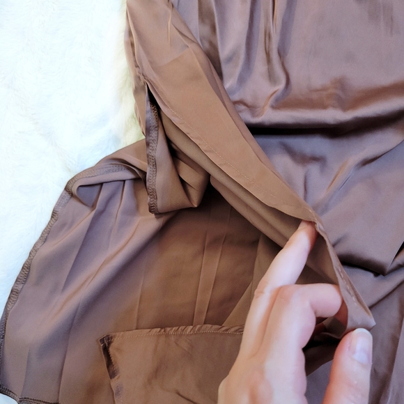 Chocolate Brown Satin Dress Long Sleeve Gown Side Slit Long Sleeve Size L - Picture 4 of 6